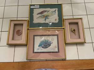 lot 27 image: Framedsigned watercolors &amp shell wall decor