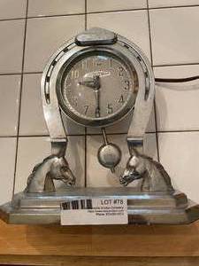 lot 78 image: Vintage Metal Horse Clock by Electro-Pendulum MFG.&nbsp