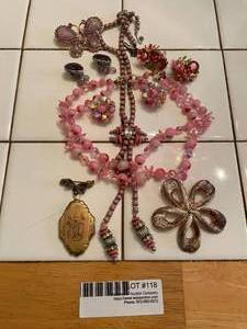 lot 118 image: Vintage costume jewelry in pinkgold hues - lariat, pin&ampearring set, locket...