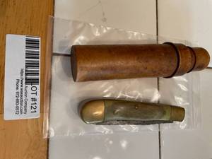 lot 121 image: Pocket Knife and Hewn Wood tubular container wcap