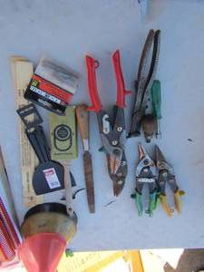 lot 42 image: Tools- putty knife, snips, files, plyers, paint sticks