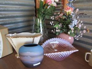 lot 59 image: PINK HOBNOB Glass Bowl, vases, landscape painted vase