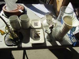 lot 65 image: Lot- vases, tea glasses, soap dishes bedside lamp with glass shade