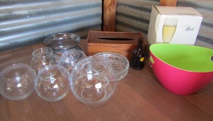 lot 68 image: Wooden tissue box, NEW set of wine glasses Ice bucket, fish bowls, ash tray