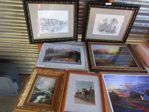lot 76 image: 10x8 gold frame  with art, Paul Carson Smother prints 2 14x10 2 sea art prints by M. Lansdoune 17x14 Mailbox print 11x9 framed and more