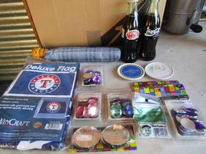 lot 80 image: 2 classic 8oz. Coke bottles, Umbrella, Texas Ranger flag NEW in pack, Glass beads and rocks