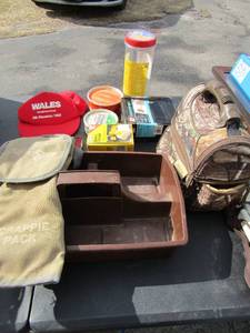 lot 91 image: brown caddy, polish compound, sportsman lunch box, plastic cap nails, rechargeable battery Pac and Wales red cap