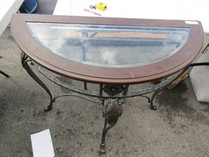 lot 92 image: Half hall table glass top metal frame31x39x17