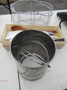 lot 94 image: Dbl. handle basket, Flour sifter and other assorted kitchen utensils