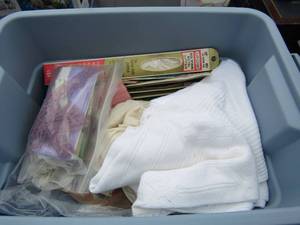 lot 97 image: Tub of sewing notions and fabric