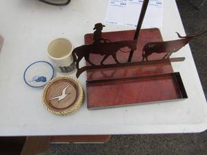 lot 103 image: 4 ceramic western coaster boot pattern cup, metal cow roper desk organizer