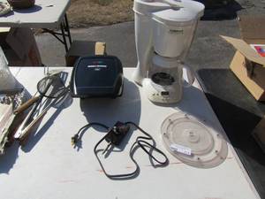 lot 111 image: Lazy Susan, George foreman grill, BBQ Utensils, Cuisinart Automatic grind and brew, placemats and cups