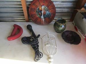 lot 222 image: Sanson R-1 Mic, hand weight, rooster wall clock 12