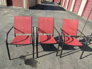 lot 123 image: 3 metal frame patio chairs with red seating good condition
