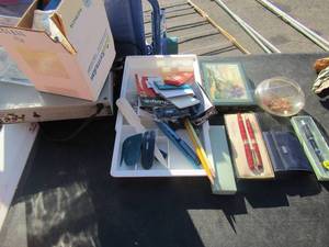 lot 128 image: NEW organizer book, Magnavox DVDCD player MSD115 no remote, square glass pen and pencil holder, box of tape, and other misc. items