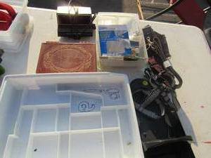 lot 140 image: System alarm clock, bag handles, white caddy, Assorted hooks, bolts, screws and more