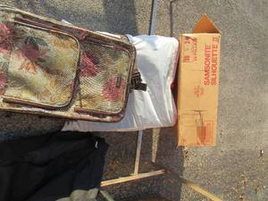 lot 142 image: Brown Samsonite suitcase in original box, Black hanging bag RBH floral suitcase