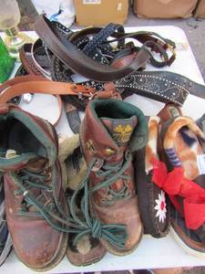 lot 143 image: Mens shoe lot size 10,     2 pair of womans shoes size 5      Large lot of western belts 38