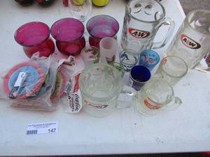 lot 147 image: Glasses, mugs, shot glasses and coke coasters