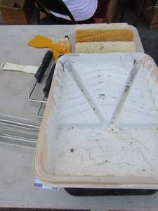 lot 149 image: 2 paint pans, scrapers and assorted rollers