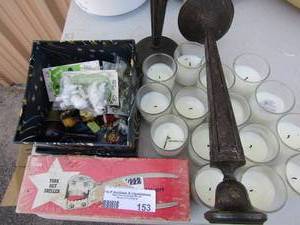 lot 153 image: Texas York nutsheller, tea lights, candle sticks and box of porcelain trinkets