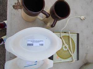 lot 168 image: 2 McCoy mugs, Hot Pads, 8 STAKUPS OBLONG BOWLSPLATES