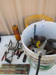 lot 182 image: Tools- putty knives, clamps, saw blades, propane bottles and more