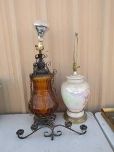 lot 184 image: Brown glass lamp no shade , cotton candy lamp no shade, and 5 tier candle holder