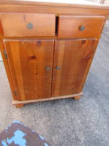 lot 224 image: Brown cabinet. Bottom has2 doors and 2 drawers top needs TLC 36x28x20
