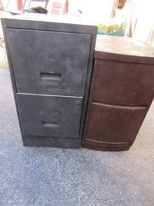 lot 225 image: Black 29x15x18 two drawer file cabinet and one that is brown wood 26x13x18