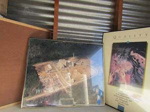 lot 226 image: Brown note board 24x18, Power plant art 20x24 and 24x18 Hand carved violin