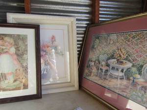 lot 227 image: Art- Over the Garden Wall by PEORS  22x18,  WICKER PICNIC TABLE AND CHAIR, FLORAL   24 X 30 and Spring Flower 25x21