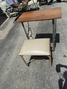 lot 241 image: Microwave table iron frame wood top 31x26x14 and metal frame leaf design stool 18x19x14