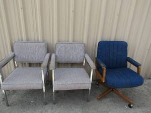 lot 242 image: 1 wooden rolling office chair and 2 office chairs with arm rests metal  frame