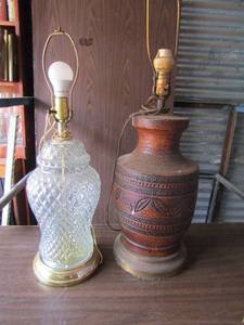 lot 245 image: Brown carved table lamp needs TLC and clear glass  diamond like lamp neither with shade