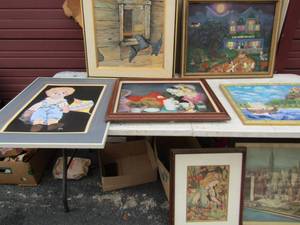 lot 258 image: Butler art lot- Raggedy Ann 28 x 22, poodle tea party 24x20, Brick road 27x21, Ocean 22x18, window pane 30x24