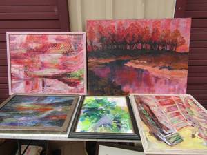 lot 259 image: Butler J. Art- Pink & Red 25x32, red, 39x39, rainbow 26x20, green 23x19, multi color 24x28