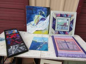 lot 260 image: Cassie English canvas boards - rooster 23x19, Zebra 24x20, Dog 24x18