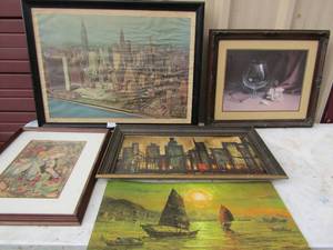 lot 261 image: Robyn Anderson tile painting- Drak Hunas 19x34, 2 fabric canvas board 22x22 and 18x22 tile 11x34