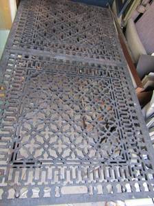 lot 5 image: VINTAGE Steel grate table VERY heavy 28x56x29 (Furnace grates from a store in downtown ft Worth)