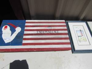 lot 272 image: 16x11 Lighthouse art piece Morgan 1994 and Independence Flag 28x14