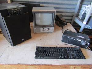 lot 282 image: Vintage Samsung TV APC adapter Dell computer keyboard, subwoofer sound system speaker system SW105
