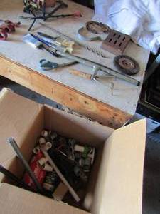 lot 285 image: Box of plumbing items, vintage air pump and more