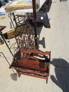 lot 337 image: 2 tier magazine rack 17x17x13 metal wire rack holds 11 bottles 30x6x11 and music stand,
