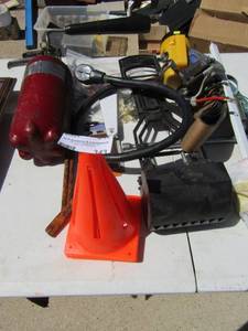lot 343 image: Misc.-Fire extinguisher, Puppy Poop Scoop, orange cones, sand paper and more