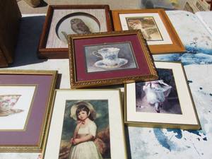 lot 347 image: Art- Owl 14x12, Tea cups 11x11, angel 13x11 and girls 10x8
