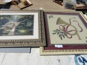 lot 353 image: Art- Lighthouse 23x18, River walk 21x25, French horn hand stitched 25x24