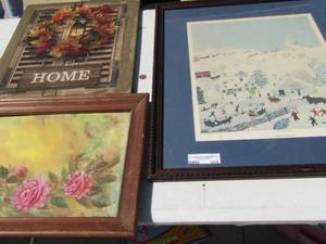 lot 355 image: GRANDMA MOSES   MERRY CHRISTMAS , PAINTED PINK ROSES 14 X 17  & HOME FALL CANVAS BOARD 20 X 16