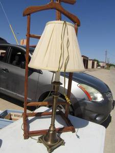 lot 364 image: Vintage wooden quilt rack 42x19 and bronze lamp with shade 33 tall