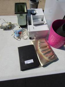 lot 374 image: Krupps meat slicer, Plastic pitcher, 4 pink baskets, vase, calculator and more